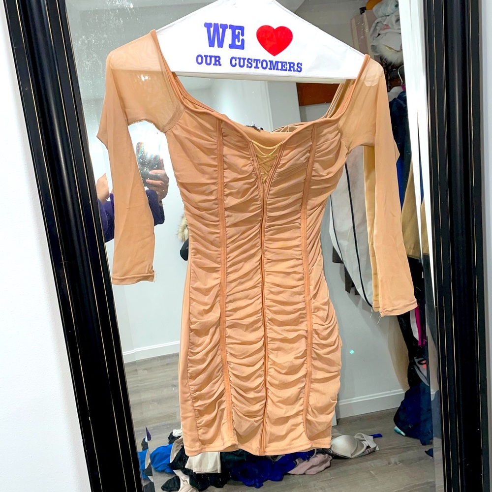 Sexy soft mesh Off shoulder ruched mini dress XS BUT FITS AS A SMALL!